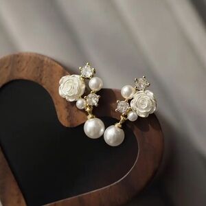 Elegant Pearl and Floral Gold Earrings.